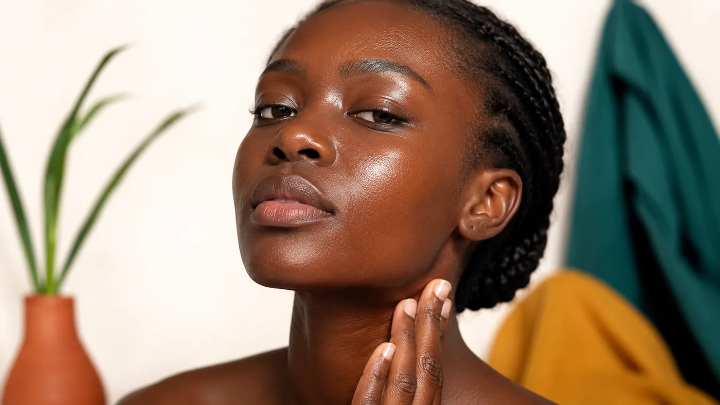 A close-up of deep, Type VI skin freshly moisturized, looking even and softly luminous with no gray or ashy film, in natural light