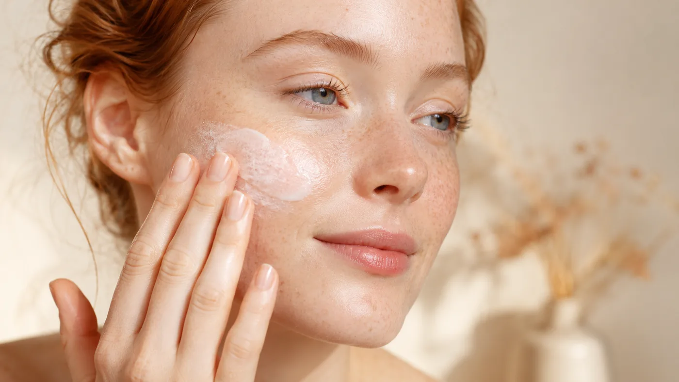 A person with very fair Type I to II skin smoothing broad-spectrum sunscreen onto the cheek in soft natural light, skin calm and evenly protected with no white cast