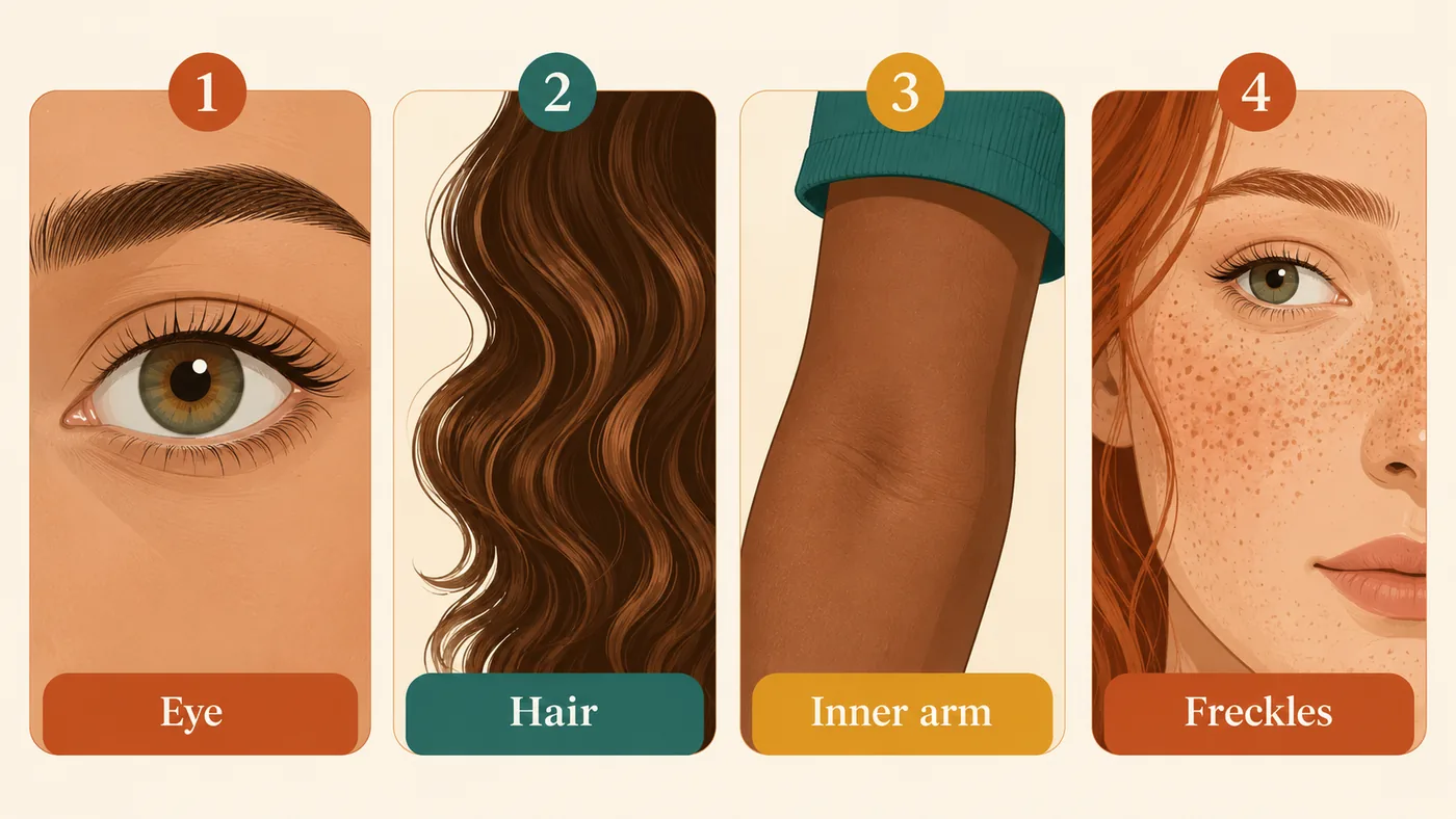 A clean four-panel illustrated checklist showing eye color, hair color, unexposed skin color, and freckling as the four features to compare, in terracotta and teal