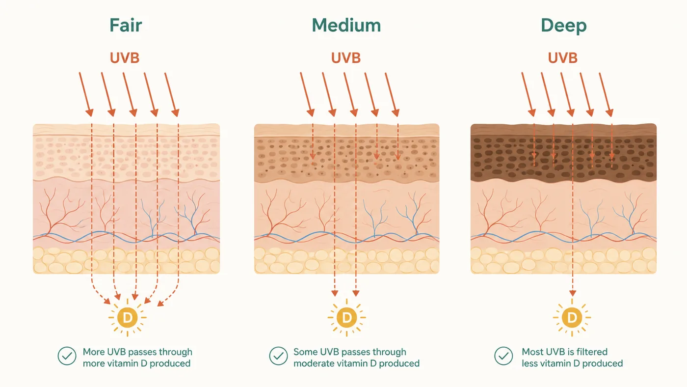 A flat diagram of three skin cross-sections, fair, medium and deep, showing more UVB rays reaching a vitamin D symbol through fair skin and fewer through deep skin as melanin filters UVB