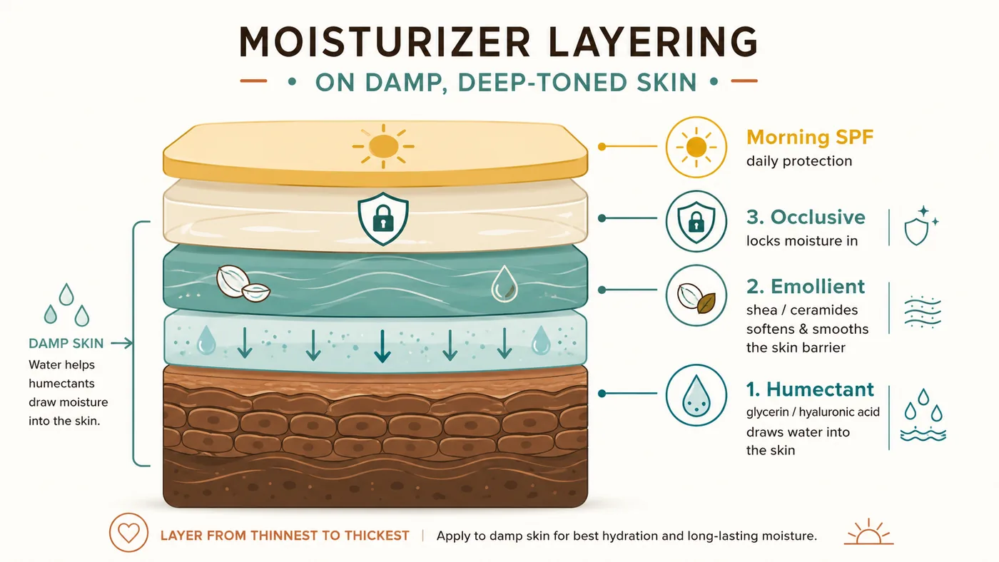 A flat illustration showing moisturizer layering on damp deep skin, humectant then emollient then occlusive seal, with SPF as the morning final step