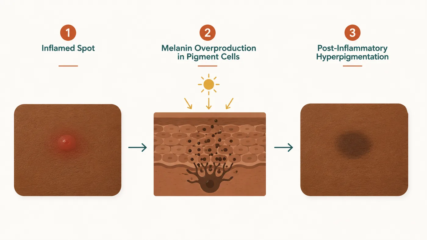 A three-stage flat diagram showing how post-inflammatory hyperpigmentation forms on deep skin, from inflammation to excess melanin to a flat dark spot