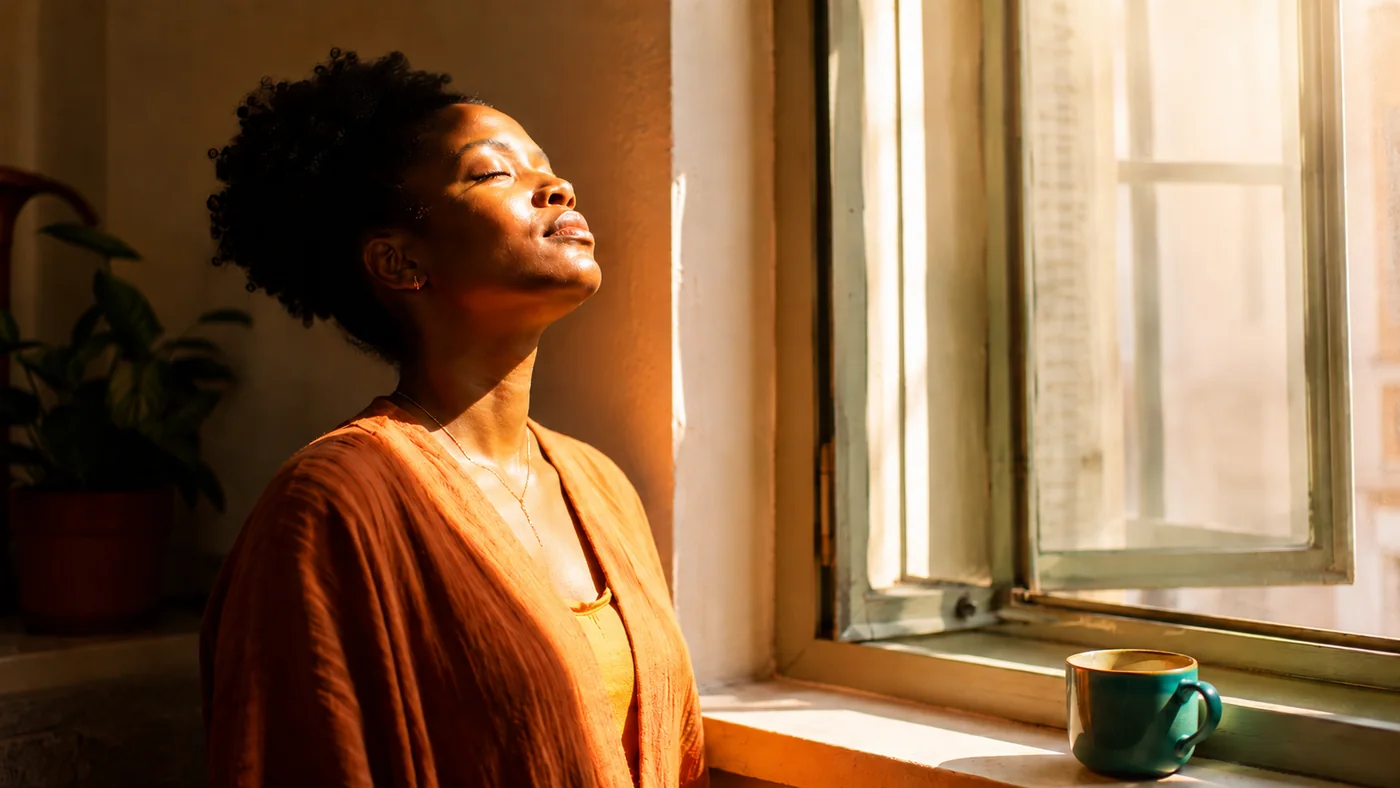 A woman with rich brown skin standing at a bright open window, face tilted up into warm morning sunlight, a teal mug on the windowsill